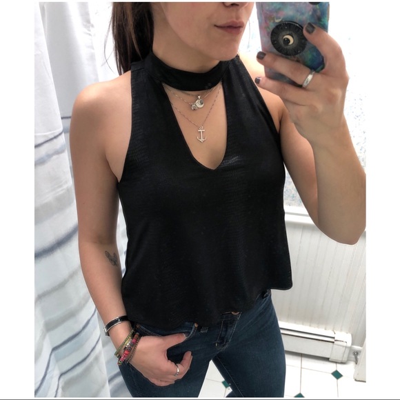 Olivaceous • Black Faux Leather Snakeskin Print High Neck Keyhole Tank - Picture 2 of 12